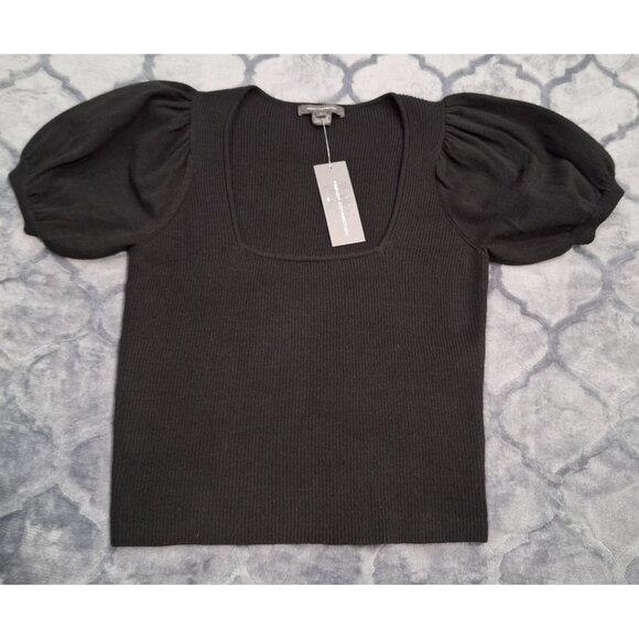 NEW French Connection Womens Black Ribbed Puff Sleeve Blouse/Sz. L - Picture 1 of 7